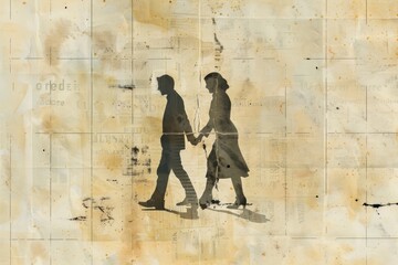 Canvas Print - Couple walking walking ephemera border architecture drawing wall.