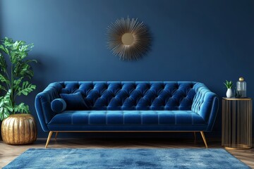 Stylish modern living room interior design with glamour blue velvet sofa, pouf, golden metal side table and modern home accessories. Dark blue wall. Template. Copy, Generative AI