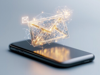 New technologies in the field of communication. Glowing hologram of the envelope icon on the smartphone screen.