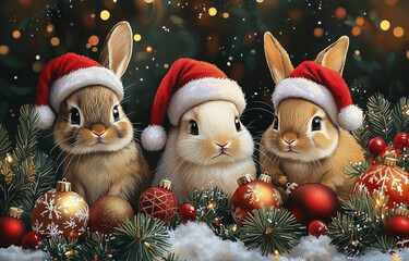 Wall Mural - A set of hand drawn style bunnies wearing tiny Santa hats and playing with holiday decorations like ornaments and tinsel.