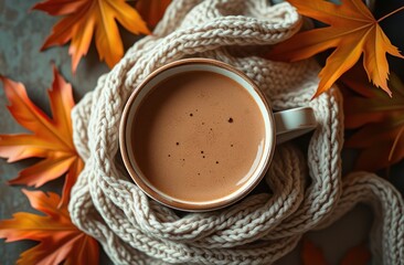 Autumn ambiance with hot chocolate, cream scarf, and autumn leaves.