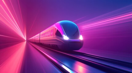 Poster - A sleek minimalist train glides effortlessly on tracks illuminated by bright neon colors in a nighttime setting. Generative AI