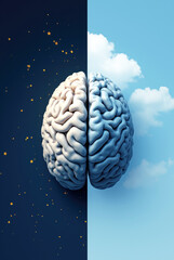 depiction of a brain against divided night and day skies, highlighting the importance of sleep cycle