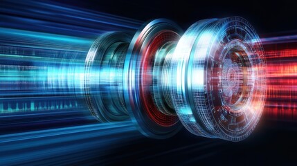 Futuristic abstract digital tech rings with blue and red light streaks