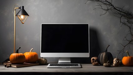 Modern minimalist laptop mockup on table for Halloween, blank frame of laptop screen mockup, Halloween vibes spooky scary environment of the room interior design