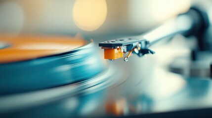 An artistic representation of a needle gliding over an orange track on a vinyl record, emphasizing the beauty of music mechanics and motion in a close-up view.