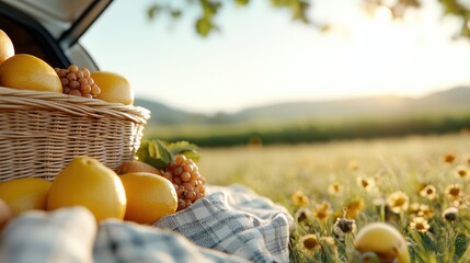 A summer field with a scenic view is complemented by a picnic arrangement featuring a basket of lemons and grapes, emphasizing the joy of outdoor leisure time.