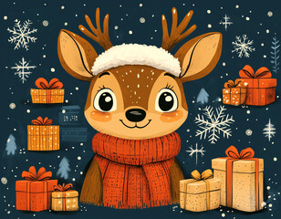 Wall Mural - A set of cartoon style illustrations featuring Christmas cute reindeer with big eyes and playful expressions.