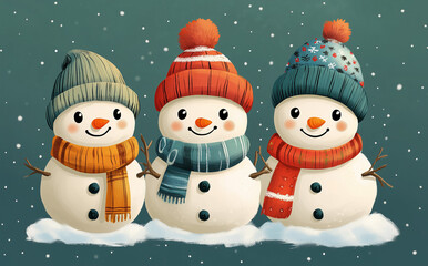 Wall Mural - A set of three flat and cartoon style snowmen, each with a different hat and scarf.