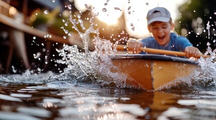 Wall Mural - A cheerful child exuberantly rows a small boat, creating energetic water splashes, amid sunlight reflections, embodying youthful energy, freedom, and innocent joy.