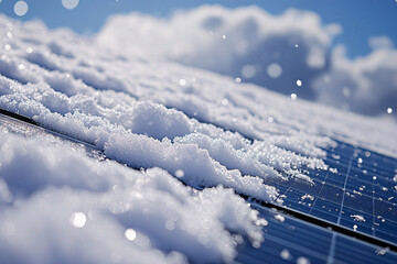 Close up of snow on photovoltaic solar cells on roof of house