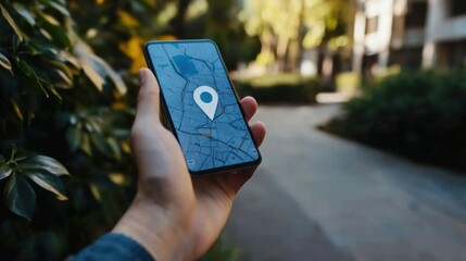 Poster - A male hand grips a smartphone showing a location pin on its map, set in a lush, landscaped area during daylight. Generative AI