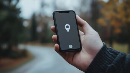 Poster - A male hand shows a mobile phone with a location pin highlighted on the screen, reflecting navigation on a serene street. Generative AI