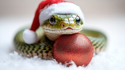 A cheerful green snake wearing a silver Santa hat beside a festive red ornament during the holidays