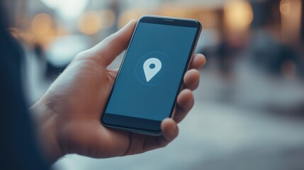 Poster - A person uses a mobile phone to find directions with a visible location pin on the screen while exploring the city. Generative AI