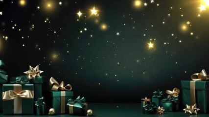 Wall Mural - green christmas gift boxes with gold ribbons with balls and fir tree branches on green background. c