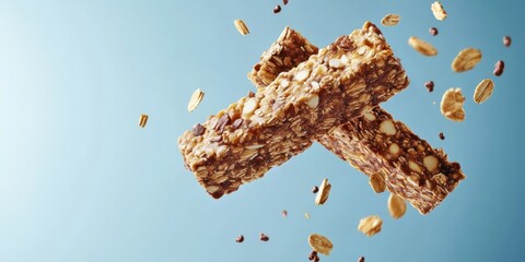 Granola bars with oats and nuts on a blue background, healthy snack concept.