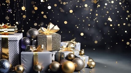 Wall Mural - silver christmas presents with ribbons are on a sparkling background with copy space. ready for prod