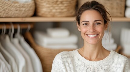 A woman smiles warmly while standing in a neatly organized space with baskets and folded clothing in the background. Her casual attire adds to the cozy ambiance.