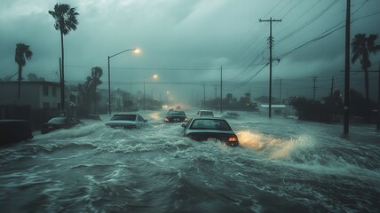 This dramatic image depicts a city being severely impacted by a hurricane, showcasing powerful winds, heavy rain, and the chaos that accompanies such a natural disaster.

