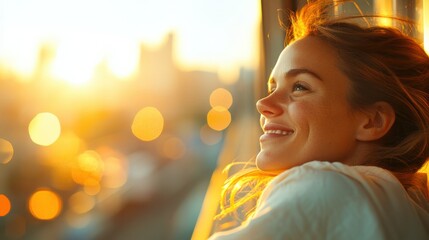 a woman gazes dreamily out of a train window bathed in golden sunlight, her gentle smile conveying o
