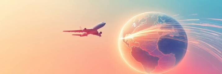 Poster - An airplane flies around a modern globe, leaving a colorful trail that captures the spirit of exploration and traveling the world. Generative AI