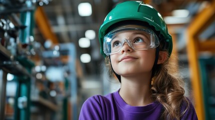 A young girl with safety glasses and green helmet smiles confidently amid a bustling factory, symbolizing safety and excitement in exploring industrial environments.