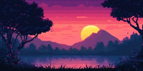 Wall Mural - Vibrant sunset over mountains and lake, with colorful sky and silhouettes of trees.