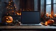 © azteez - Modern minimalist laptop mockup on table for Halloween, blank frame of laptop screen mockup, Halloween vibes spooky scary environment of the room interior design