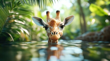 A charming giraffe, its head rising gracefully from a calm water pool, surrounded by dense tropical vegetation, creates a captivating and exotic visual.