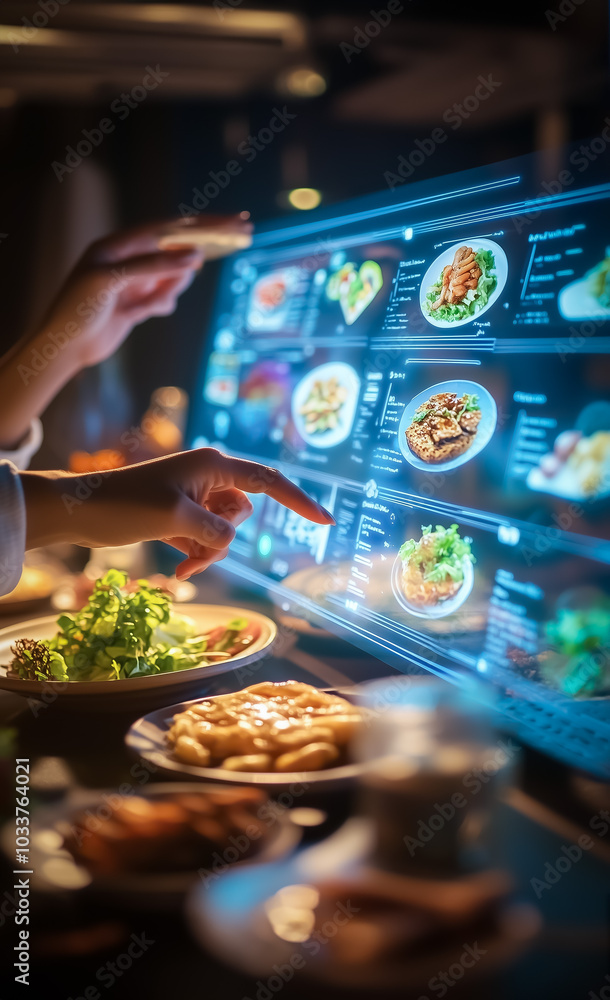 Dynamic Food Menu Filtering A user makes a selection from a holographic restaurant menu displayed ...