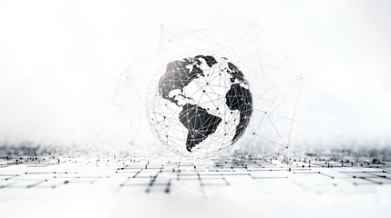 Wall Mural - stylized digital globe with network lines on a white background with abstract square patterns, repre
