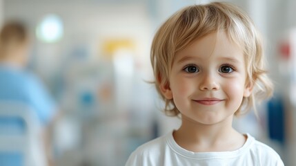 A blond child, dressed in a white shirt, is captured with a gentle smile on their face, set against a softly blurred indoor background offering a serene ambiance.