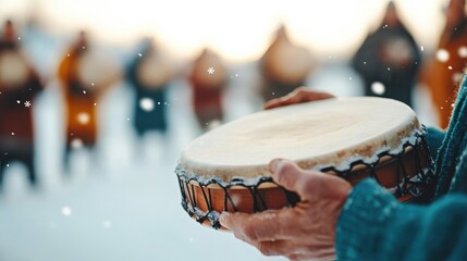 Participants in a winter-drumming circle play hand drums in the snow, their instruments and clothing covered in frost, showcasing a unique blend of art and environment.