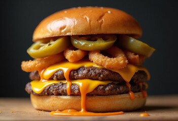 Professional food photography of a cheeseburger with three layers of meat with melted cheese dripping down the sides