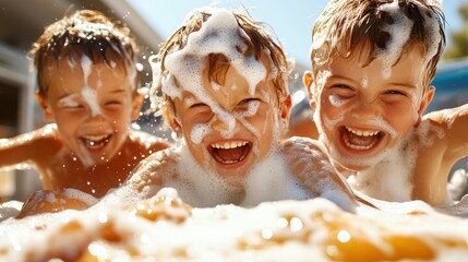 Wall Mural - A trio of boys joyfully splashing in soap suds under bright sunlight, their faces covered in bubbles as they laugh and play, capturing pure childhood fun.