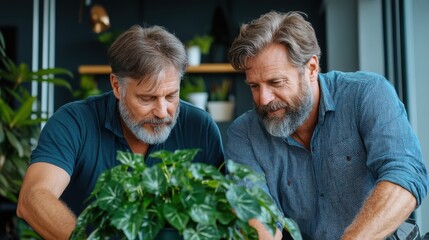 Two mature, bearded men attentively observe a green plant in an indoor setting, highlighting collaboration and curiosity, surrounded by a blend of natural aesthetics.