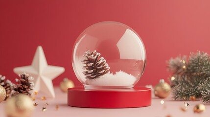 A festive snow globe displays a pine cone surrounded by white snow, set on a vibrant red base. Gold ornaments and silver tinsel add elegance to the holiday-themed decor.