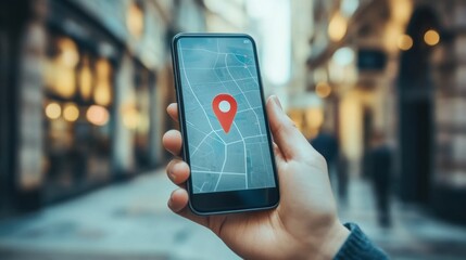 Poster - A person is checking their mobile device that shows a location pin, indicating a specific spot in a lively urban environment. Generative AI