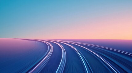 Poster - A minimalist train icon travels smoothly along elegant tracks, highlighted by a calming pastel sky during twilight hours. Generative AI
