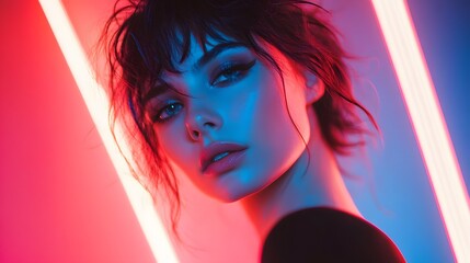 Fashion model posing under neon lighting with striking look