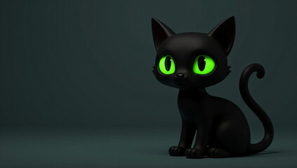 A cute black cat with bright green eyes sits against a dark background, radiating a mix of mystery and charm, often associated with Halloween folklore and superstition.