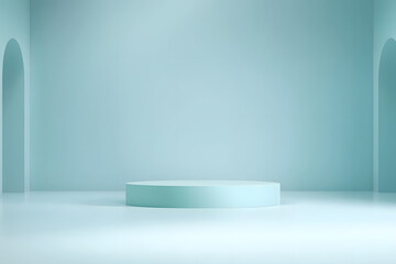 Canvas Print - Abstract pastel teal color and gradient cyan light background with mint green table backdrops display product design. Turquoise empty space room for showing. Blur 3D render podium stage vector texture