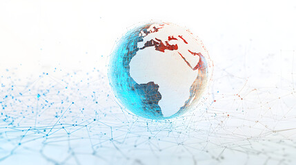 Poster - A stylized digital globe with network lines on a white background with abstract square patterns, representing global connectivity