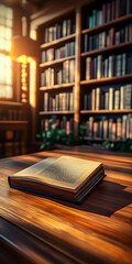 Poster - A book is sitting on a wooden table in a library. Concept of warmth and comfort, as if the reader is enjoying a quiet moment in the library