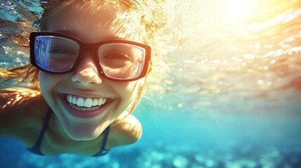 Poster - Underwater View of a Woman Smiling with Sunglasses