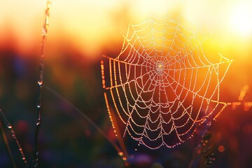 A close-up of a spider web glistening with dew at sunrise, showcasing intricate patterns against a warm orange backdrop.