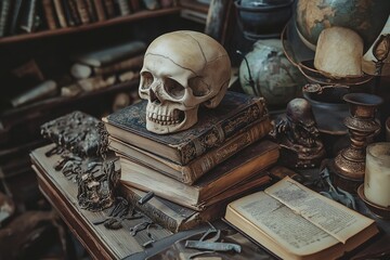 A skull perched on a stack of ancient books evokes mystery and wisdom in a vintage study setting.