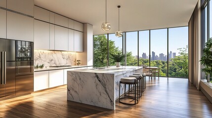 Poster - Modern Kitchen Interior with Scenic City View