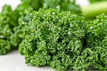 Fresh green kale with water droplets, showcasing its vibrant texture and rich color.